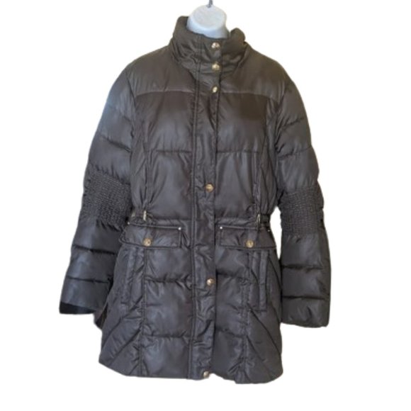 Long Hooded Dark Green Puffer Coat with Cinched Waist Size Large - Picture 2 of 11